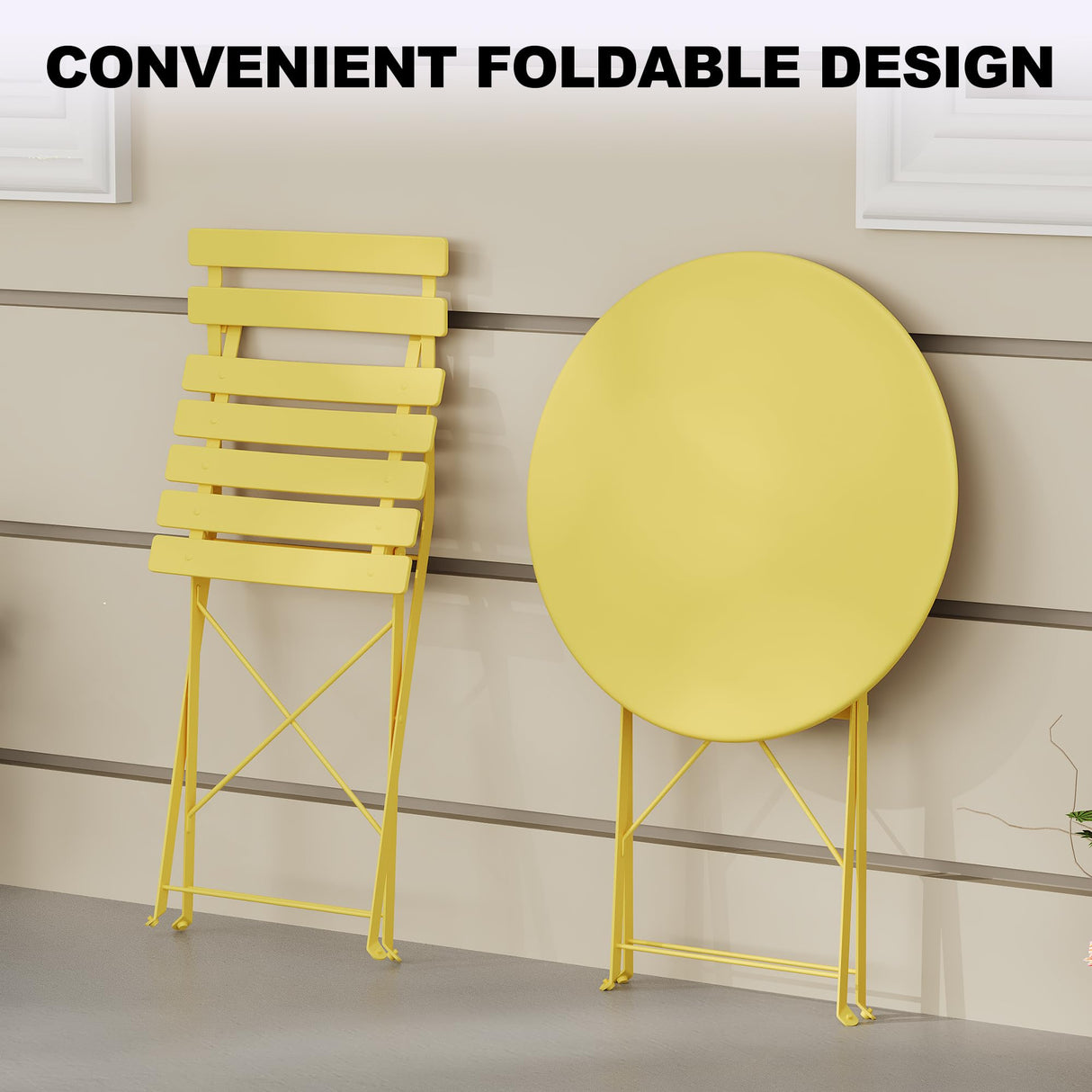 Garvee 3-Piece Outdoor Bistro Set, Folding Patio Bistro Sets with 1 Table and 2 Chairs, Metal Frame Bistro Table and Chairs Set of 2 for Small Space, Indoor, Outdoor, Porch, Lawn, Balcony, Yellow