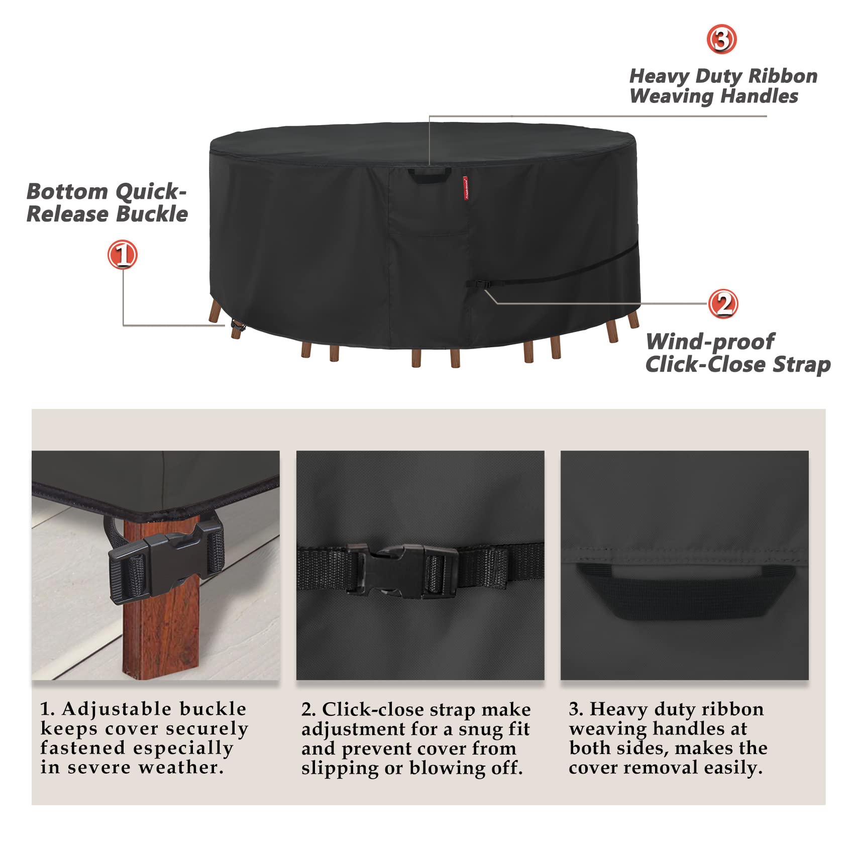 Round Patio Furniture Cover - Waterproof 600D Heavy Duty Outdoor Table and Chairs Cover 62 inch,