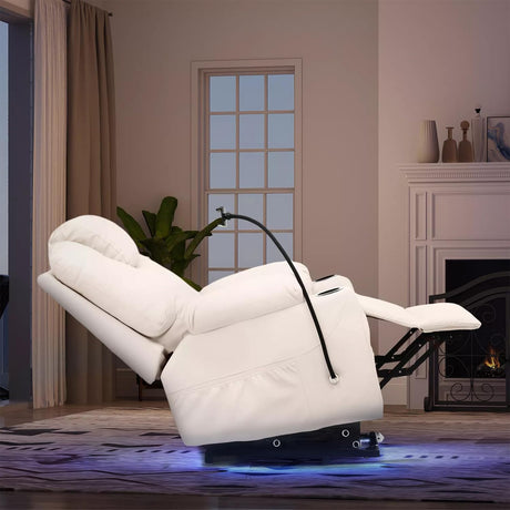 New White Modern Power Lift Chair Electric Recliner with Phone Holder Heated Vibration Massage Sofa Remote Overstuffed Ergonomic USB Port Elderly Oversized Large Home Elastic Foam PU Leather Metal