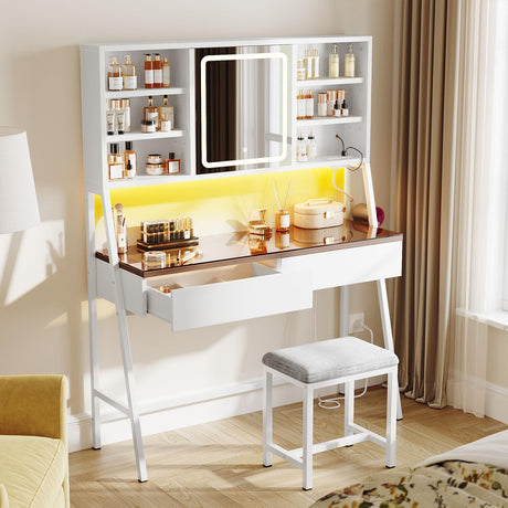 Vanity Desk with Mirror and Lights, Makeup Vanity with 3 Color Modes & Brightness Adjustable