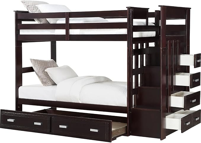 Benjara Classic Wood Twin Bunk Bed with Trundle, Storage Ladder, 5 Drawers, Brown