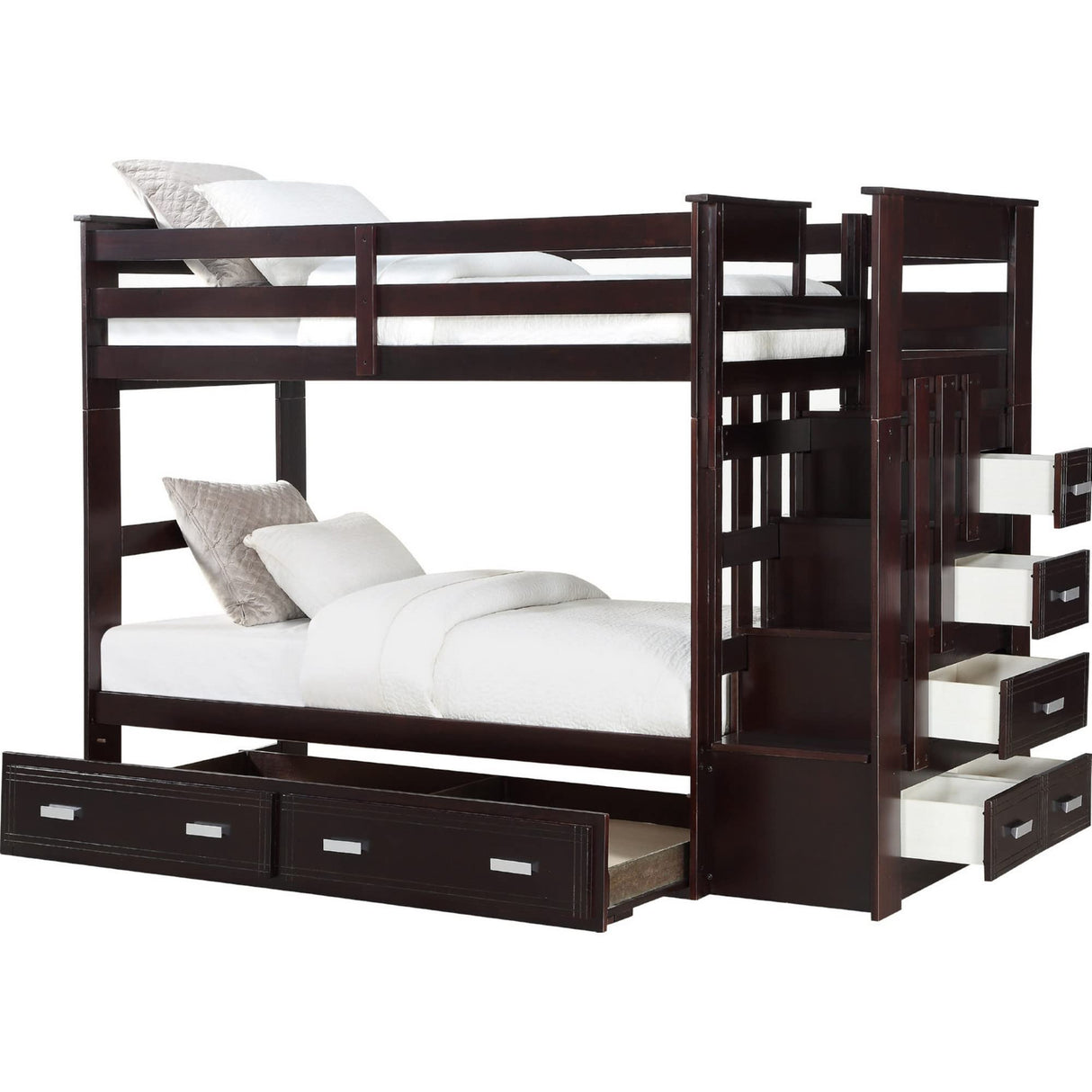 Benjara Classic Wood Twin Bunk Bed with Trundle, Storage Ladder, 5 Drawers, Brown