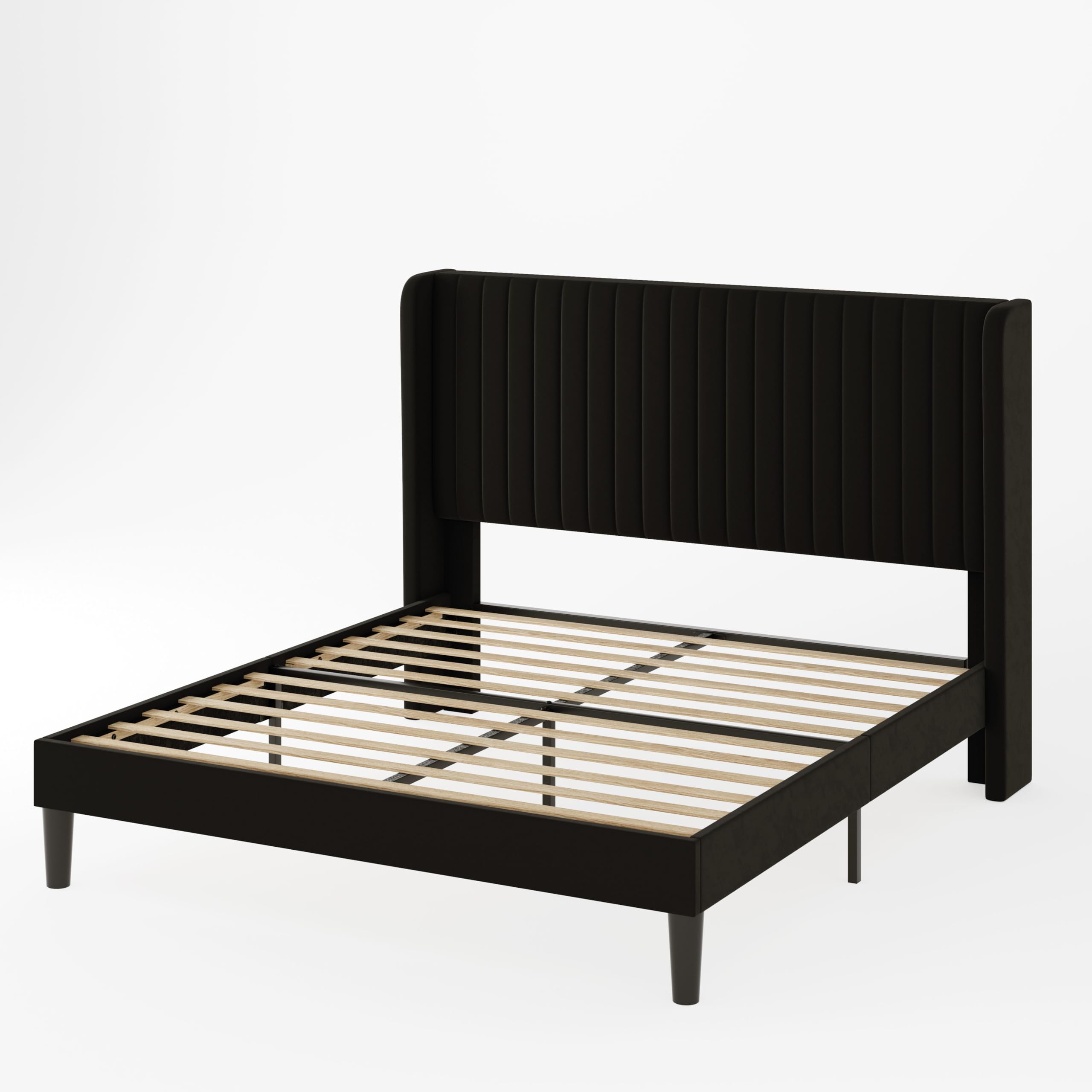 Queen Size Velvet Bed Frame/Vertical Channel Tufted Wingback Headboard