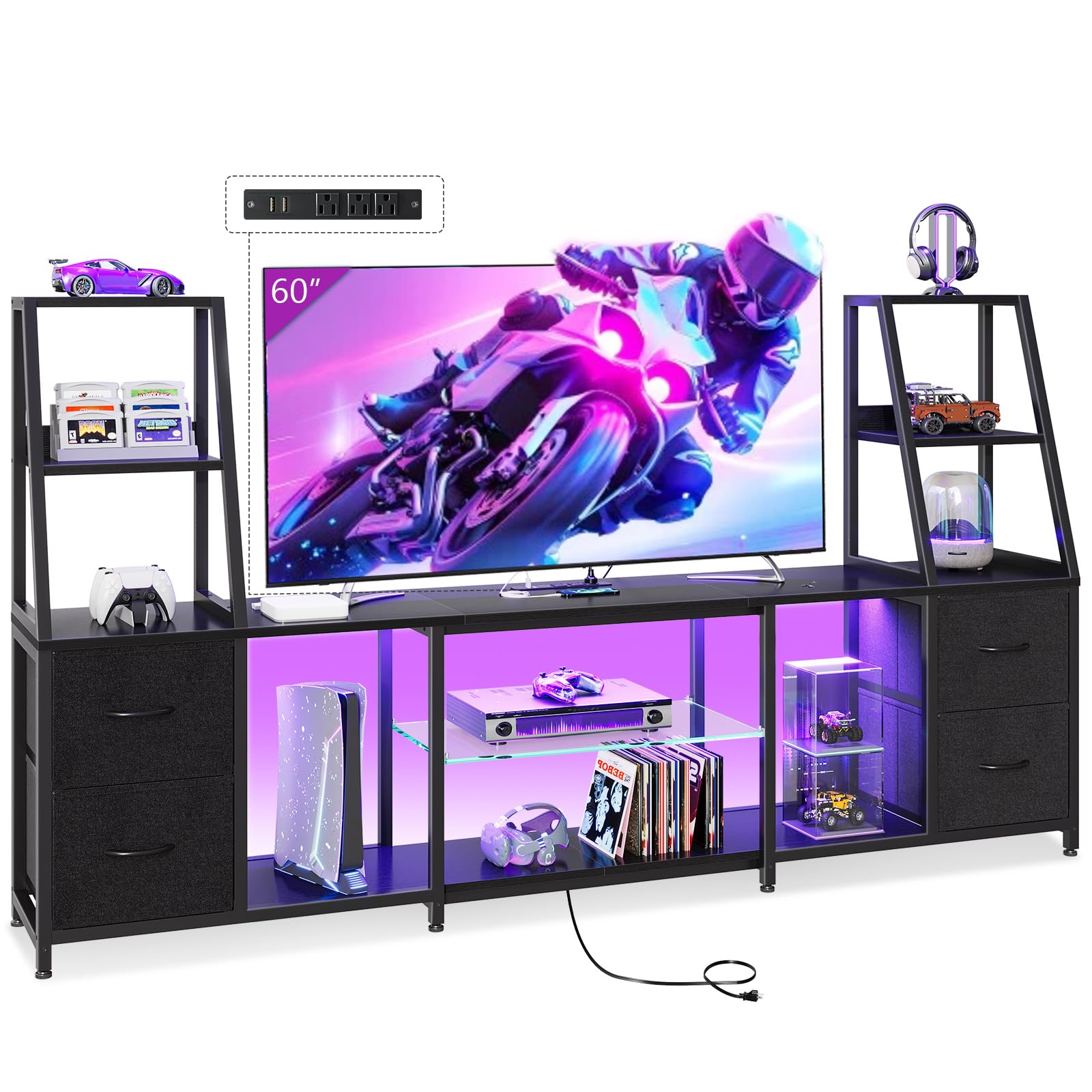 TV Stand for 40-60 Inch TVs with LED Lights & Power Outlets