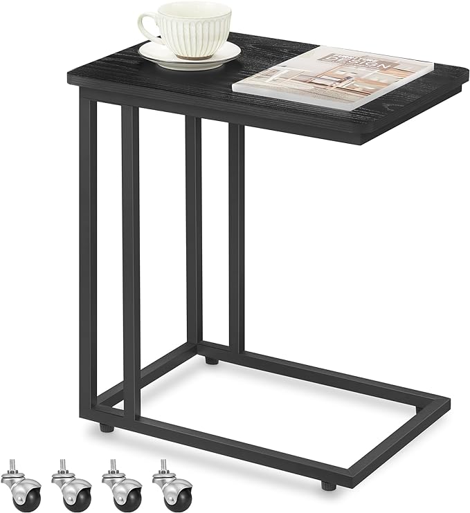 Table, C Shaped TV Tray with Metal Frame Rolling Casters, Industrial Side Table