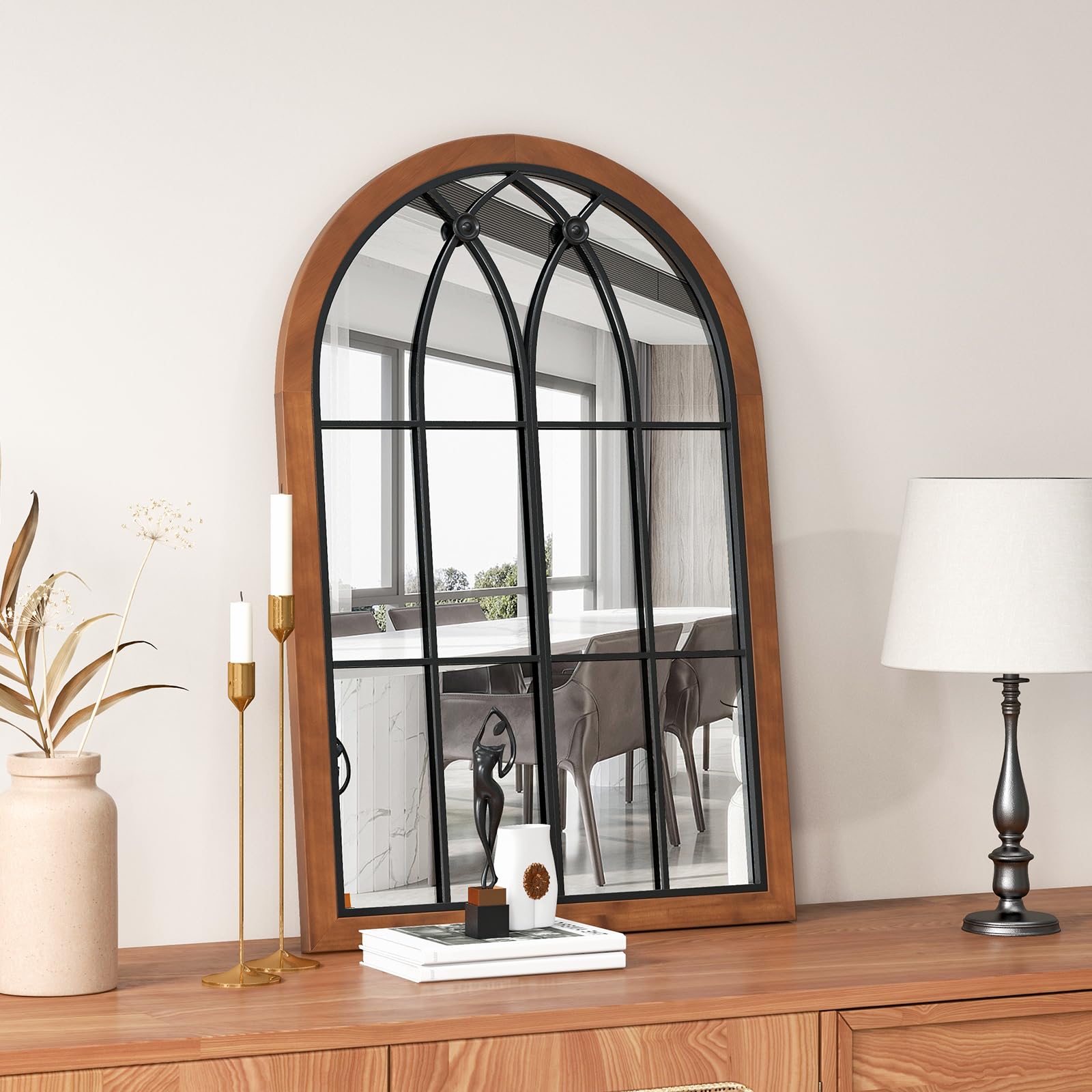 Arched Window Wall Mirror, 36''L x 24''W Farmhouse Accent Mirror, Rustic Wood Framed Mirror for Living Room Entryway Hallway Mantel Kitchen Wall Decor