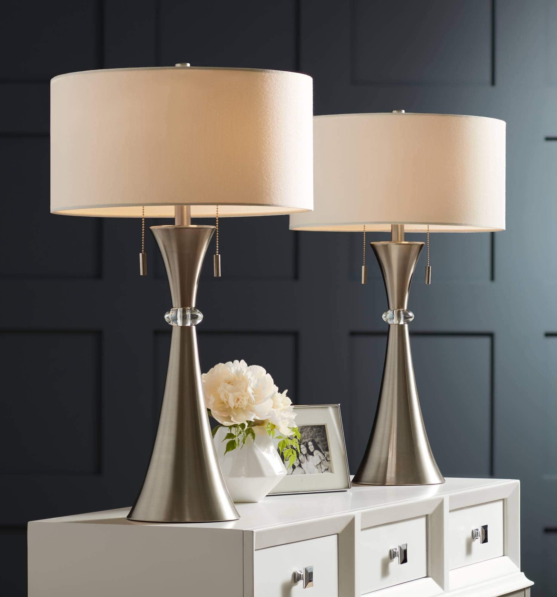 Rachel Modern Art Deco Table Lamps 28" Tall Set of 2 Concave Column Hourglass Silver