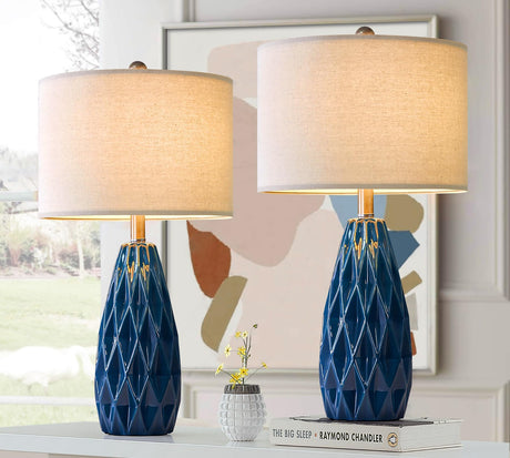 23" Table lamp Set of 2 Modern Ceramic Small Blue Embossed Geometric Pattern Bedside