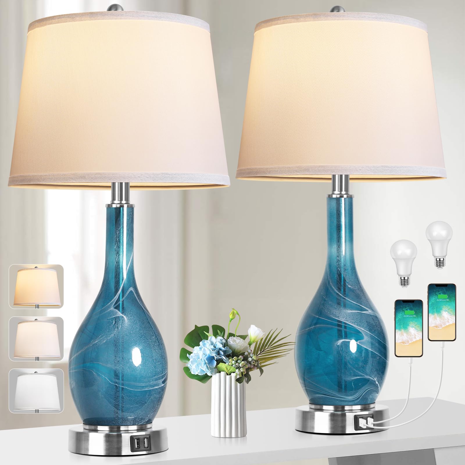 Table Lamps Set of 2, Modern Blue Glass Bedside Lamps
