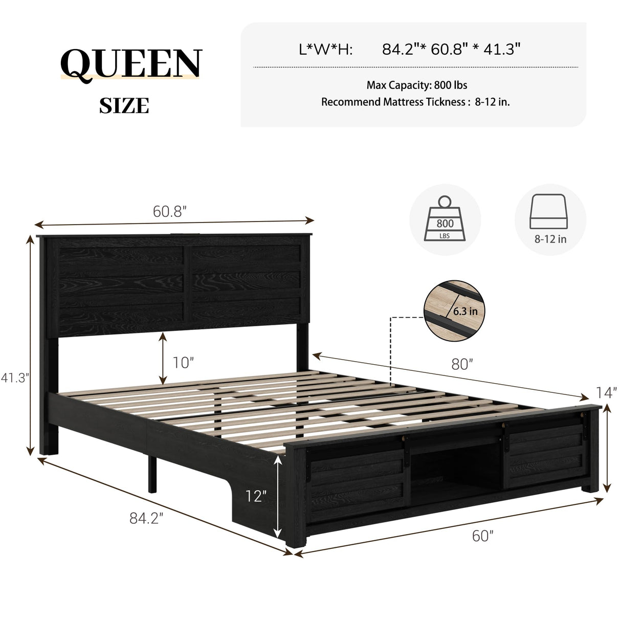 Queen Bed Frame with Wood Headboard & Charging Station