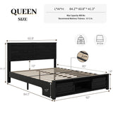 Queen Bed Frame with Wood Headboard & Charging Station