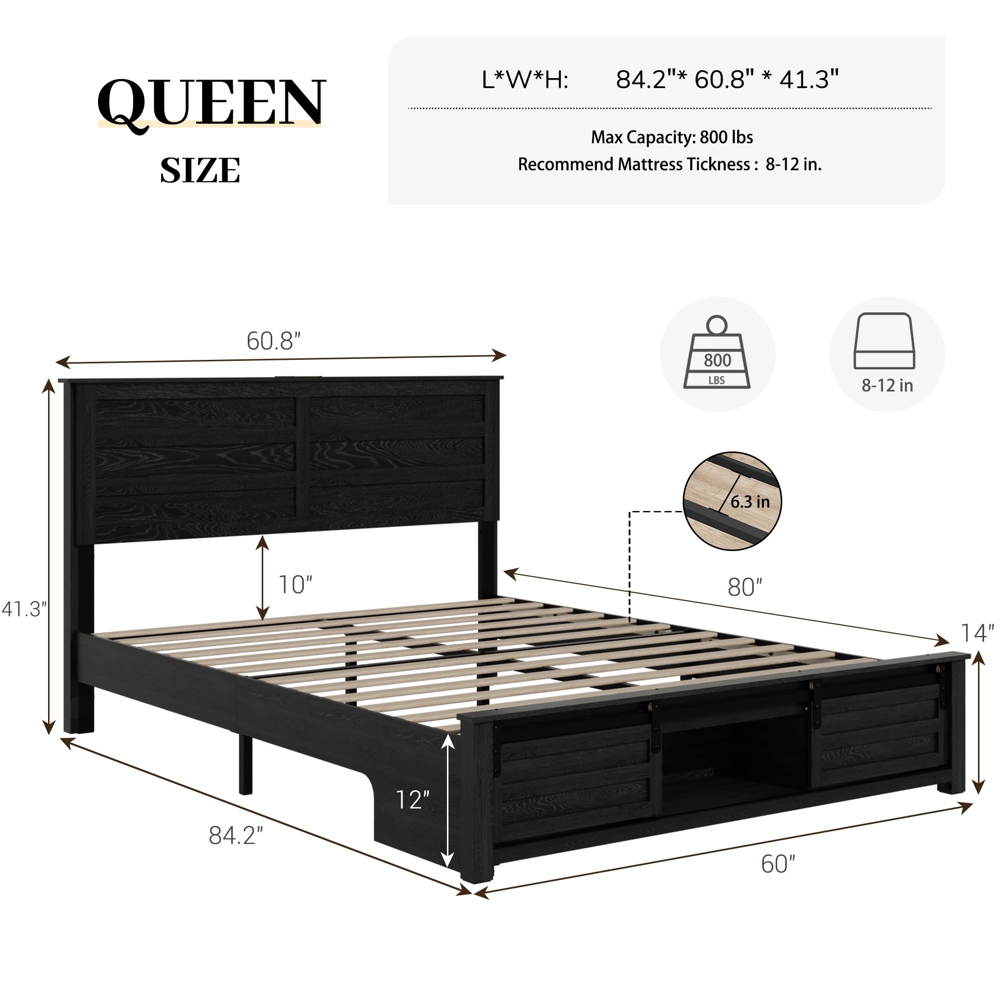 Queen Bed Frame with Wood Headboard & Charging Station