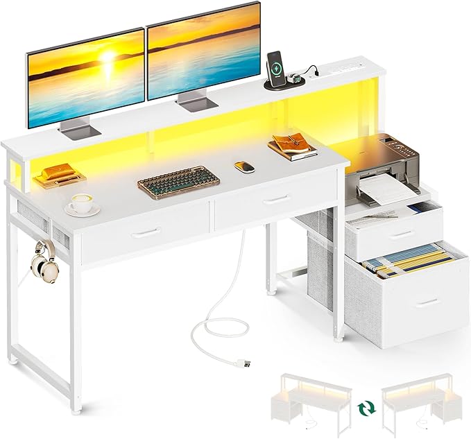 55-Inch Computer Desk with File Cabinet and Fabric Drawers, Reversible Office Desk