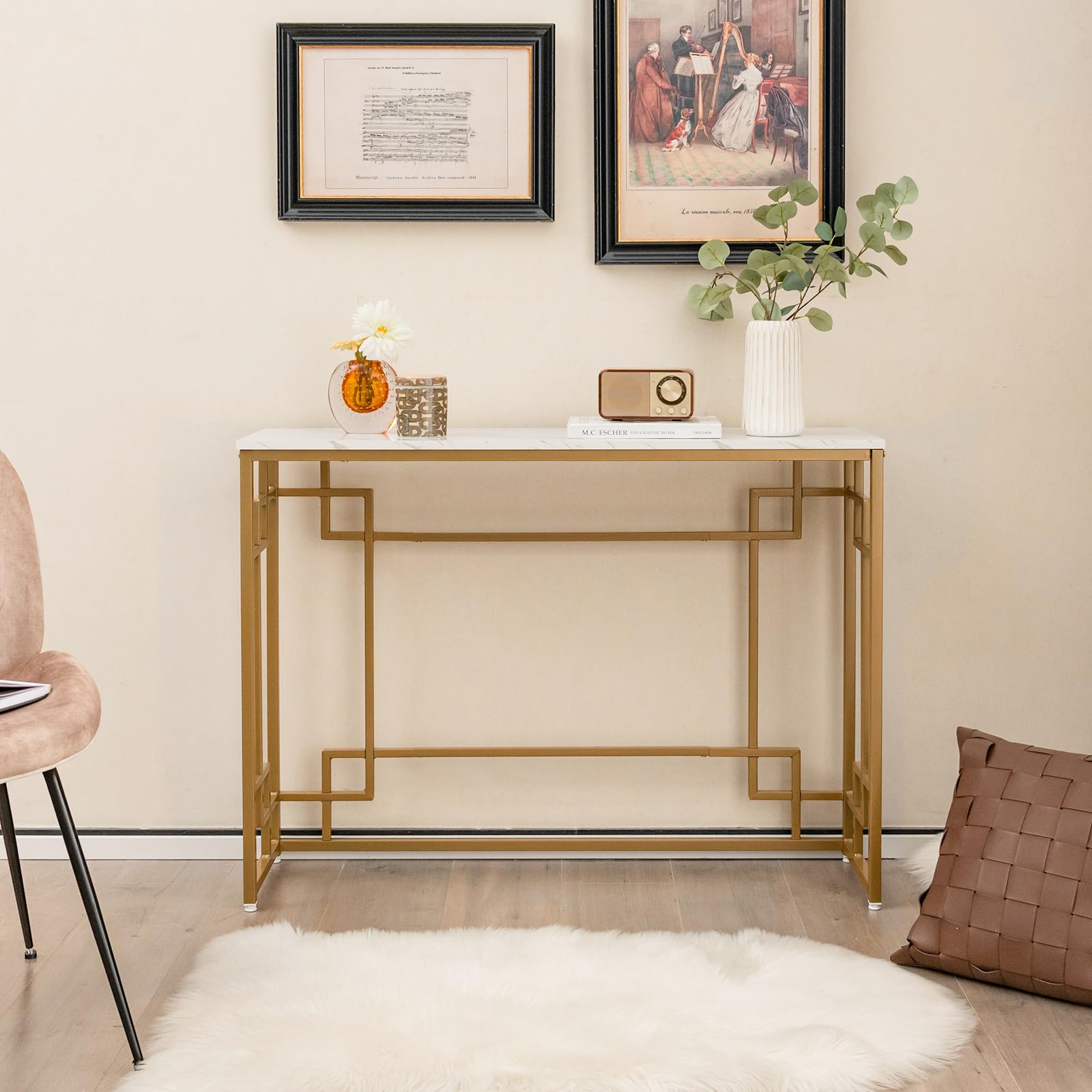 43.5" Modern Console Table, Narrow Entryway Table with Geometric Golden Frame & White Faux Marble Tabletop,