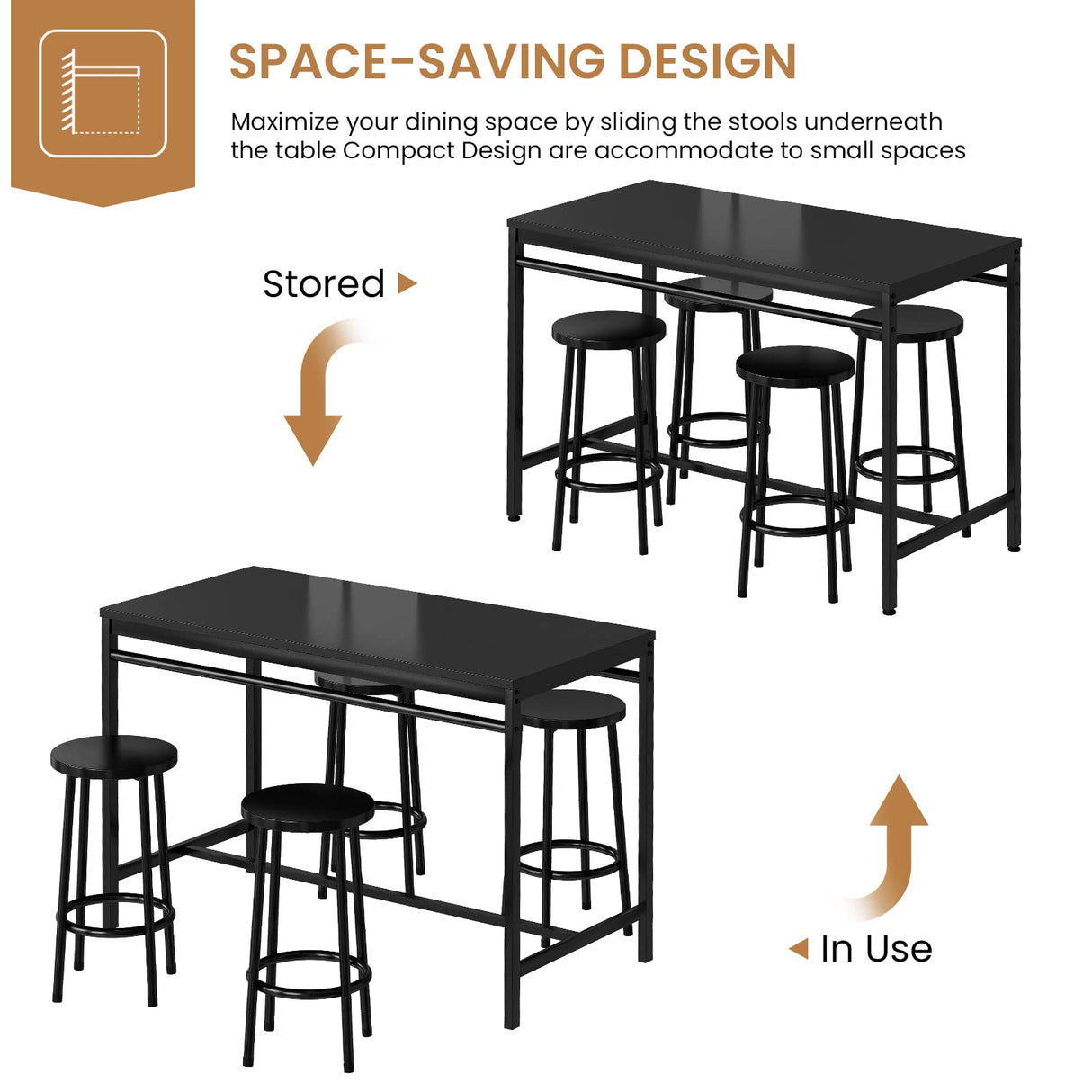 5-Piece Dining Table Set, Kitchen Table and Chairs Set for 4, Industrial Outdoor Bar