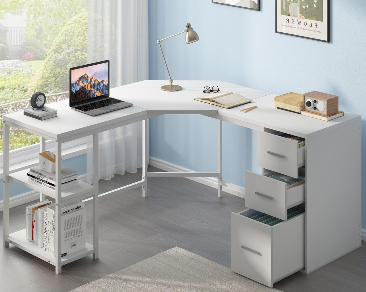 White L Shaped Corner Desk with Drawers, Reversible Modern L-Shaped Computer
