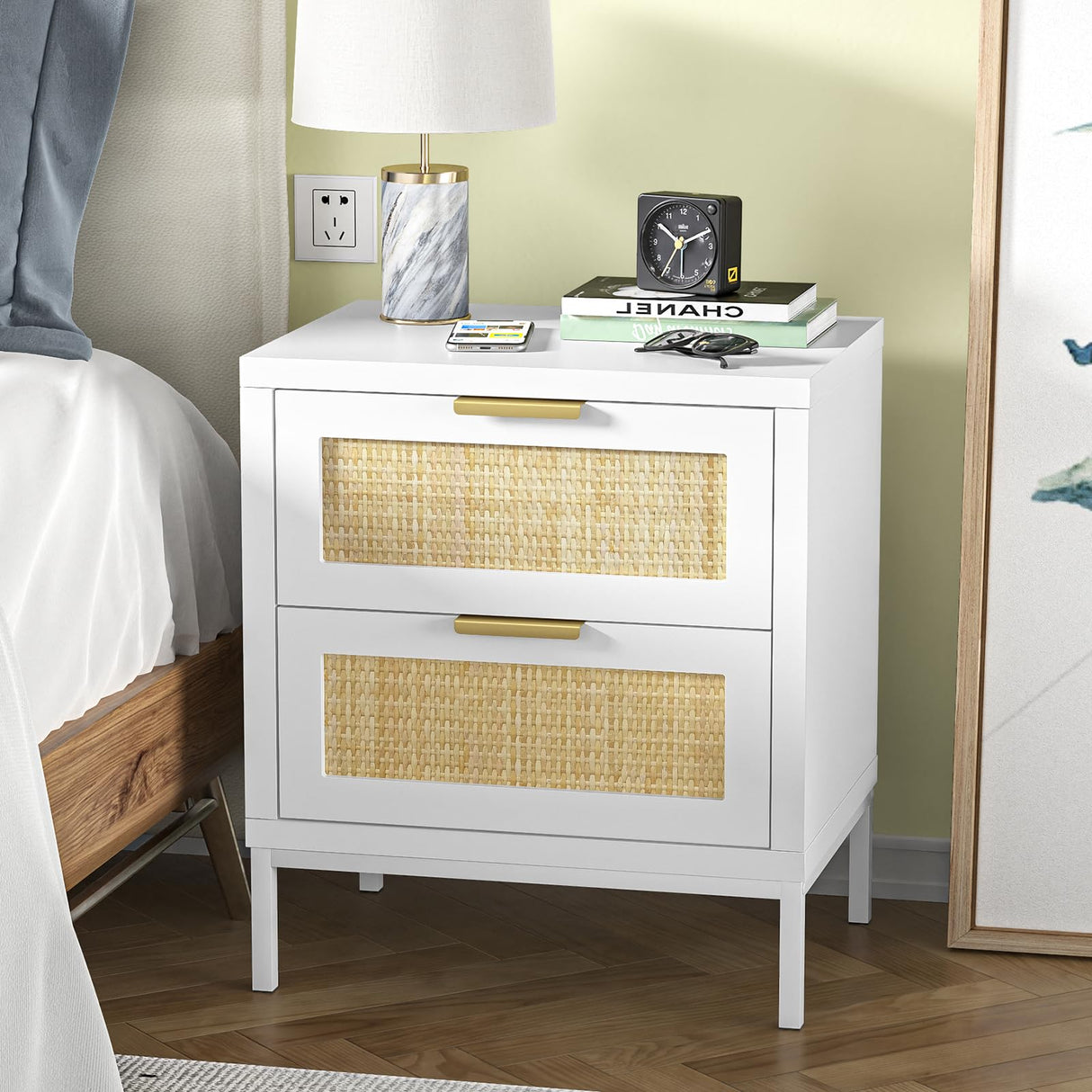 White nightstands with 2 Drawers, Natural Rattan Night Stand, White End Table with Metal Legs, Bedside Table for Bedroom