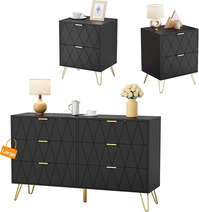 Navy 3 Pcs Bedroom Sets, Large 6 Drawer Dresser and Night Stand