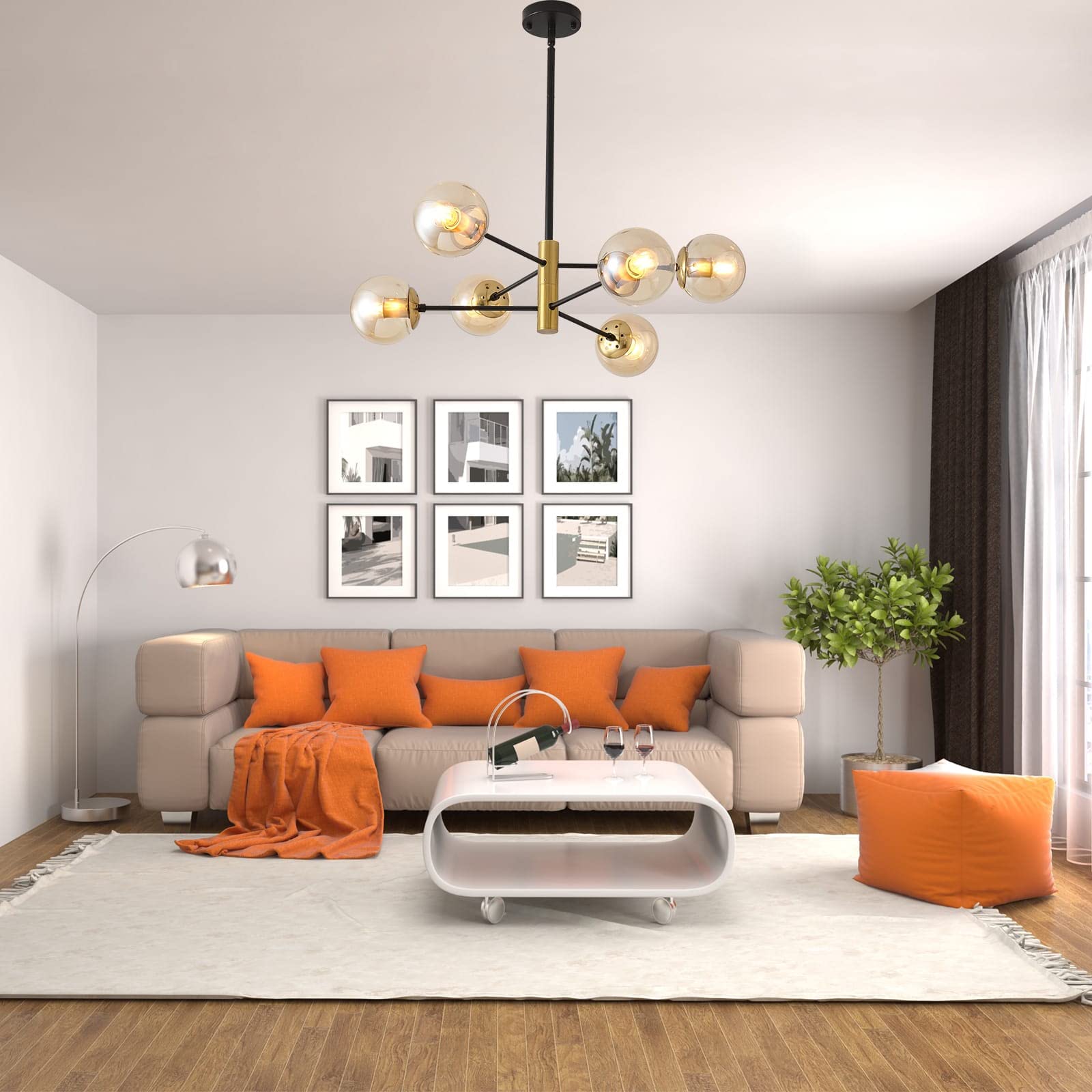 6-Lights Amber Glass Globe Chandelier, Recessed Sputnik Chandelier