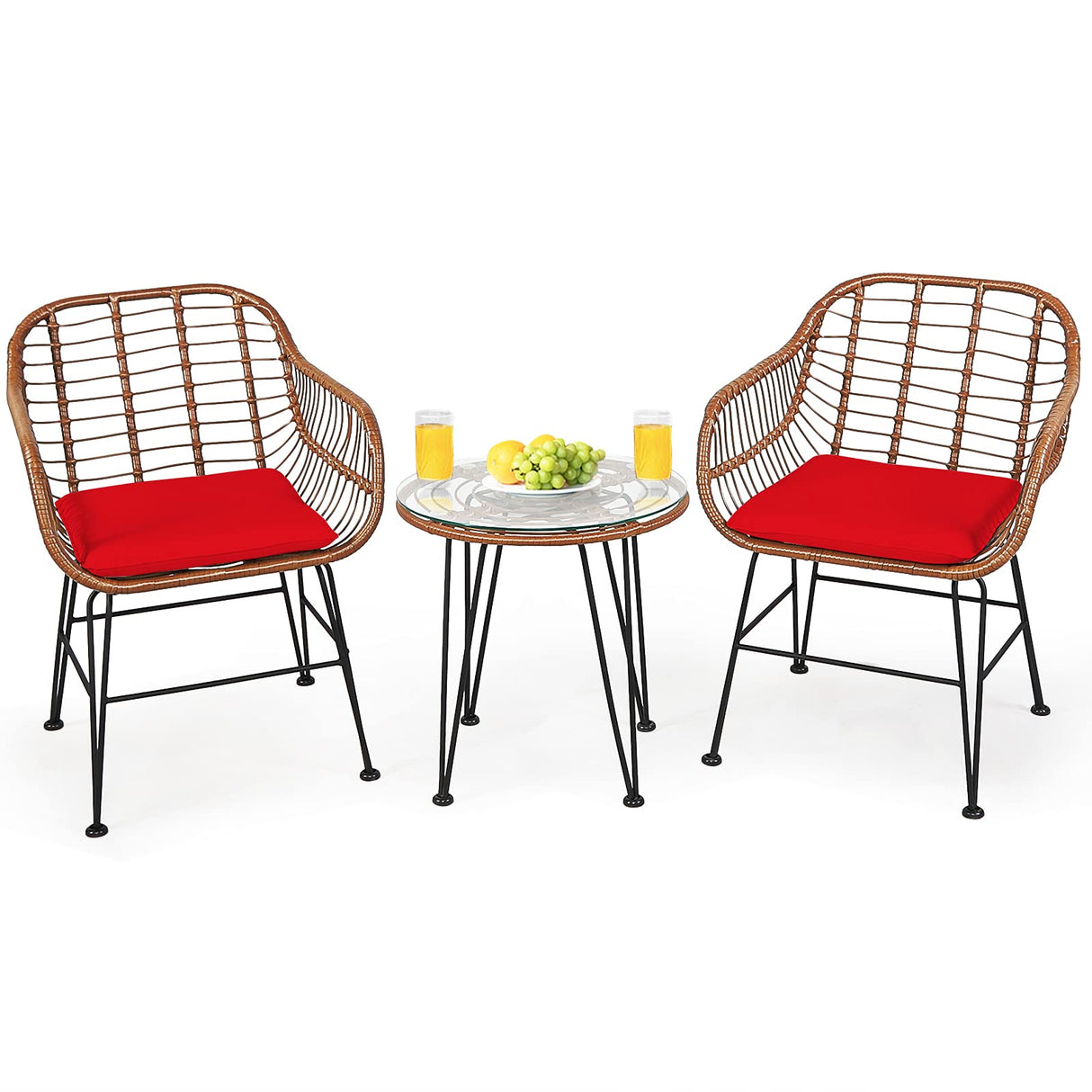 3-Piece Patio Bistro Set PE Rattan Wicker Armchairs and Coffee Table Set with Cushions