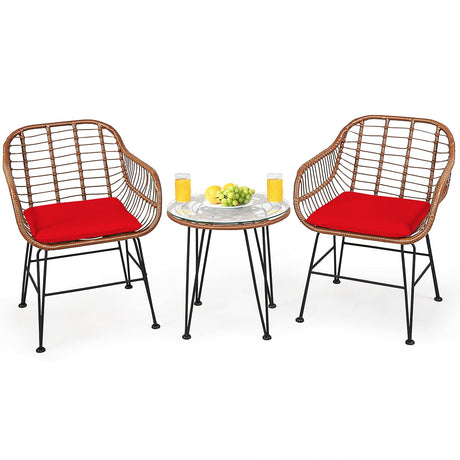 3-Piece Patio Bistro Set PE Rattan Wicker Armchairs and Coffee Table Set with Cushions