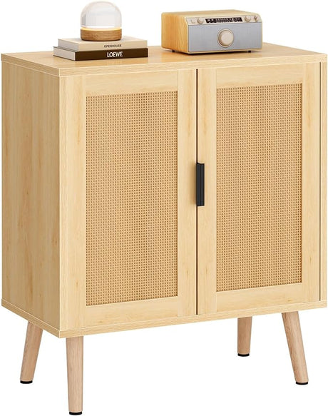 Rattan 2-Tier Home Storage Cabinet, Accent Kitchen Cabinet with Door,