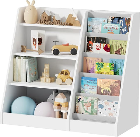 Kids Bookshelf and Toy Storage, 4 Tier Wooden Kids Bookcase with 5 Layer Sling Book