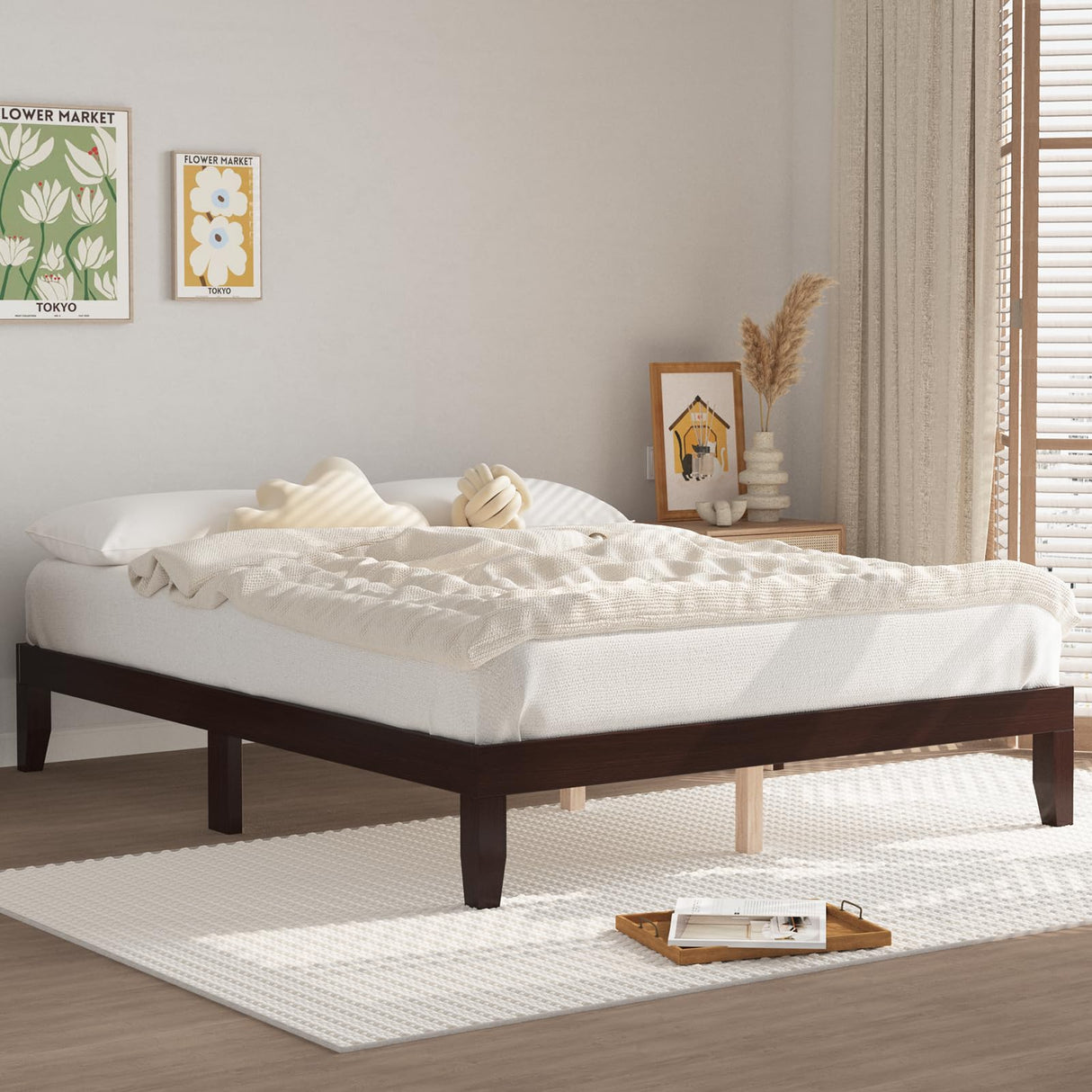 King Wood Platform Bed Frame with Slats - Cherry Finish
