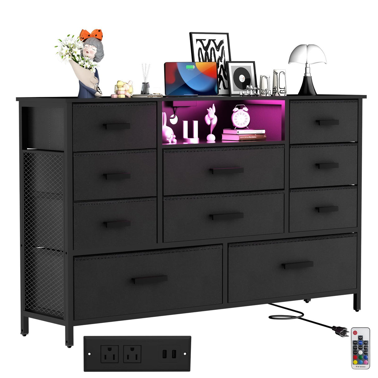 Dresser with Charging Station, Black Dresser for Bedroom with 10 Drawers, TV Stand Dresser