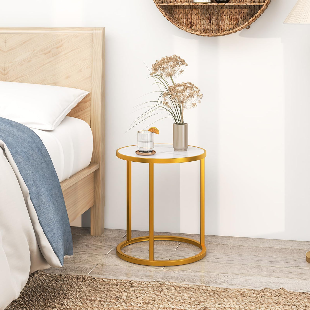 Gold Side Table, Round End Table with Sintered Stone Top and Metal Frame