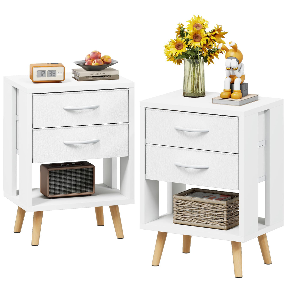 Nightstands Set of 2 with 2 Fabric Storage Drawers and Open Wood Shelf