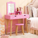 Kids Vanity with Stool, 2-in-1 Toddler Vanity w/Storage Drawers & Open Shelf