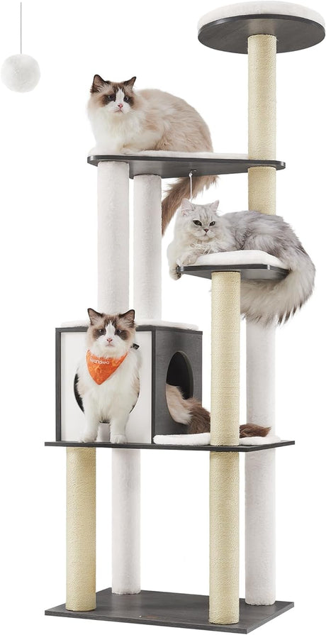 Feandrea WoodyWonders Cat Tree, 65-Inch Modern Cat Tower for Indoor Cats, Multi-Level Cat Condo with 5 Scratching Posts, Perch, Washable Removable Cushions