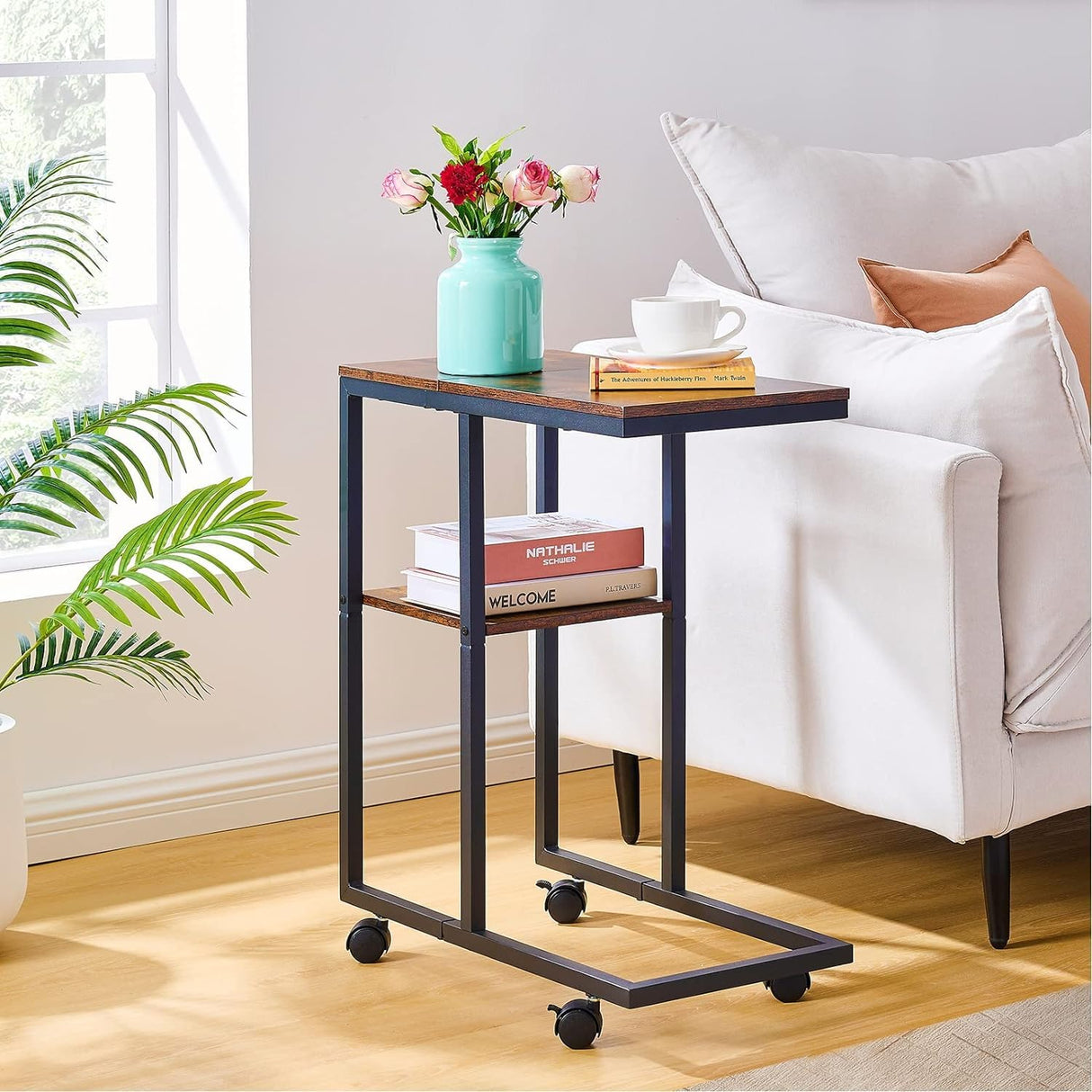 C Shaped End Table, Slim Side Table, Small End Table with Wheels, Snack Side Table