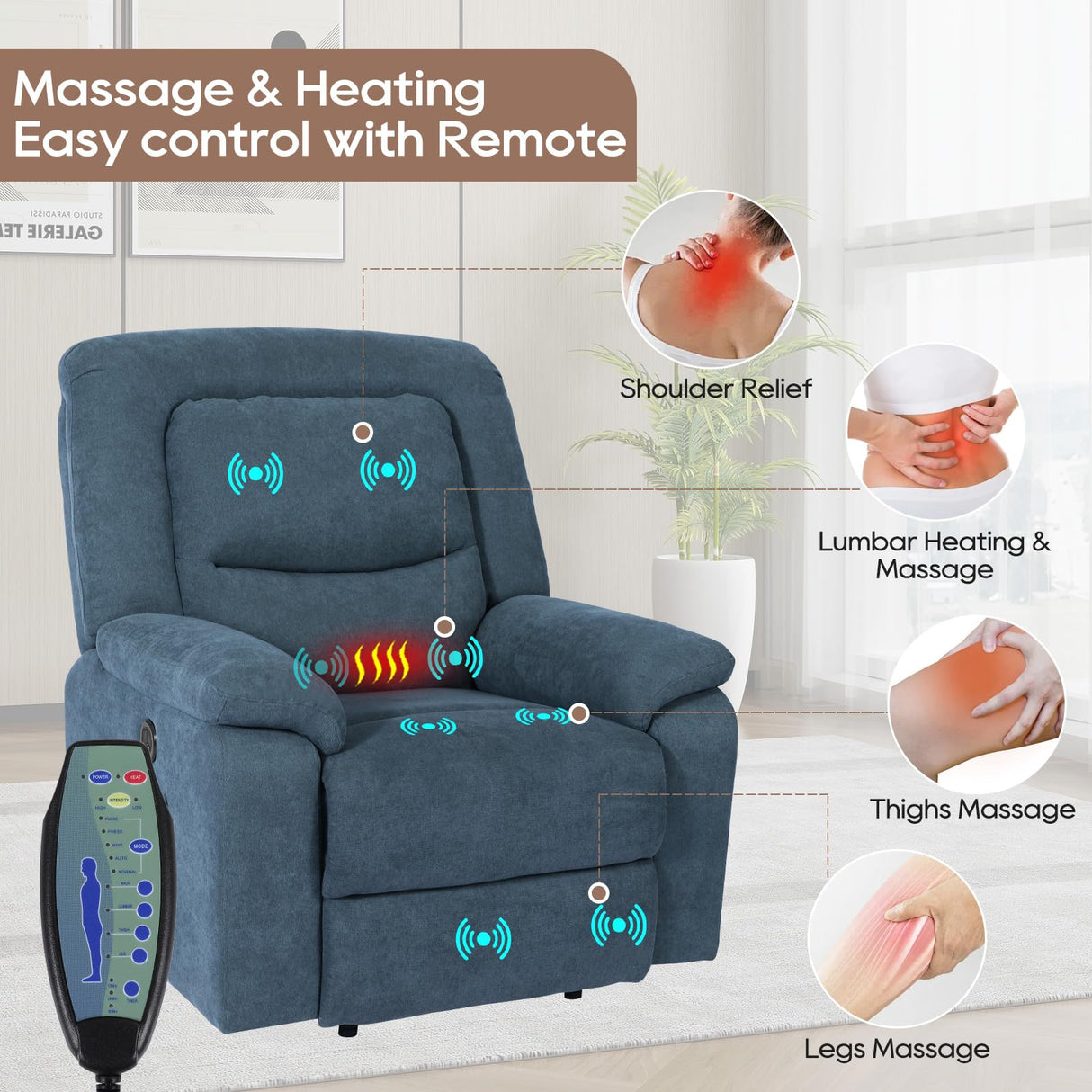 Recliner Chairs with Massage and Heat, Recliner Chair for Adults with Padded Backrest, Massage Recliner Chairs with Charge Ports & Pockets, Infinite Position for Living Room