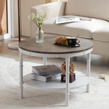 25.6" Dark Walnut White Round Farmhouse Coffee Table, 2-Tier Storage Wood Center