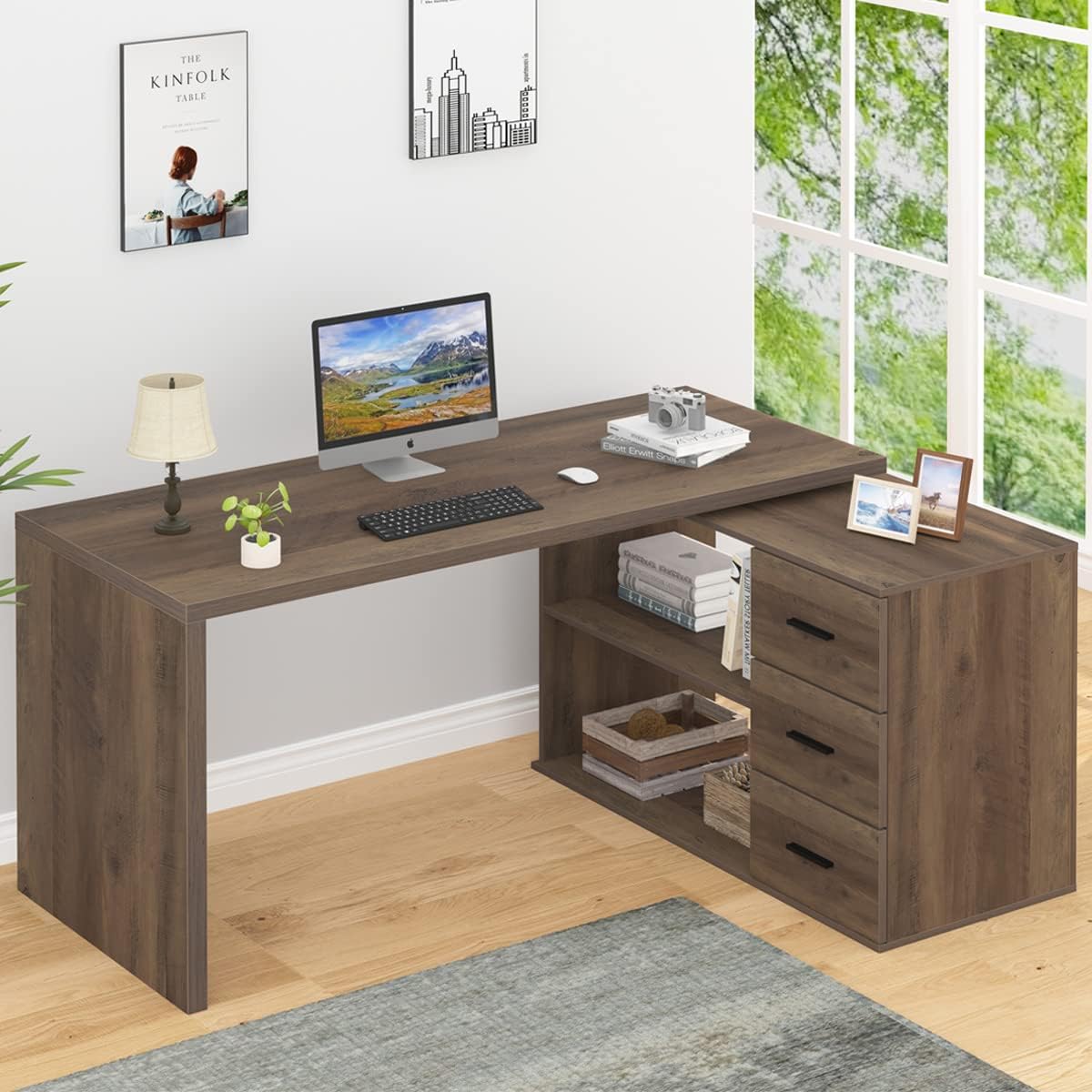 L Shaped Desk with Storage Cabinet, Wood L Shape Desk with Drawers Shelf