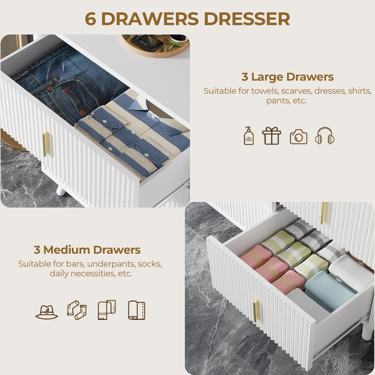 BEWISHOME White Dresser for Bedroom, 6 Drawer Dresser Chests of Drawers with Waveform Fluted Panel, White and Gold Dresser, Modern Wide Dresser Wood dresser for Closet, TV Stand, Hallway, White KCG03W