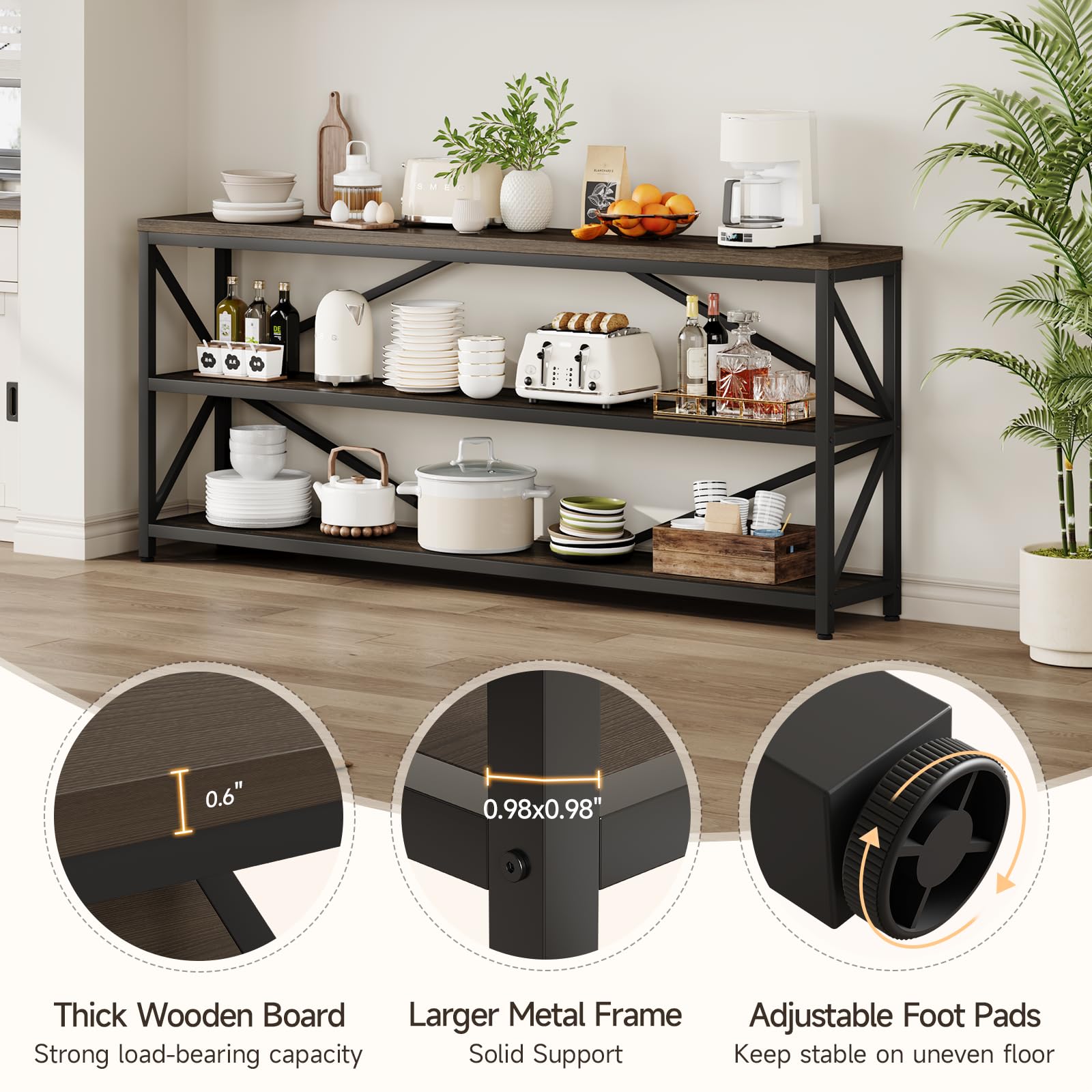 70.8" Industrial Console Table with 3-Tier Storage Shelf