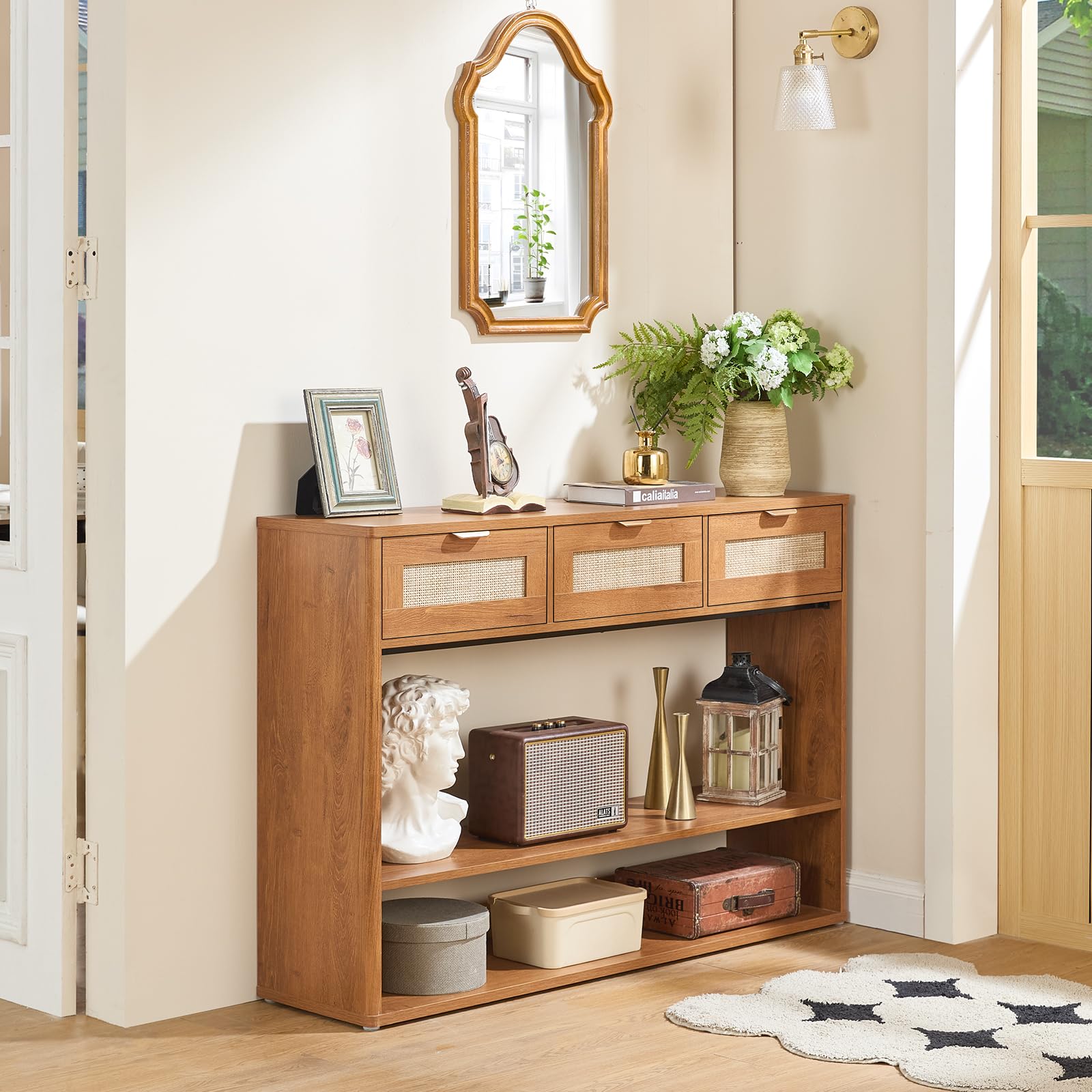 48" Boho Rattan Console Table with 3 Drawers