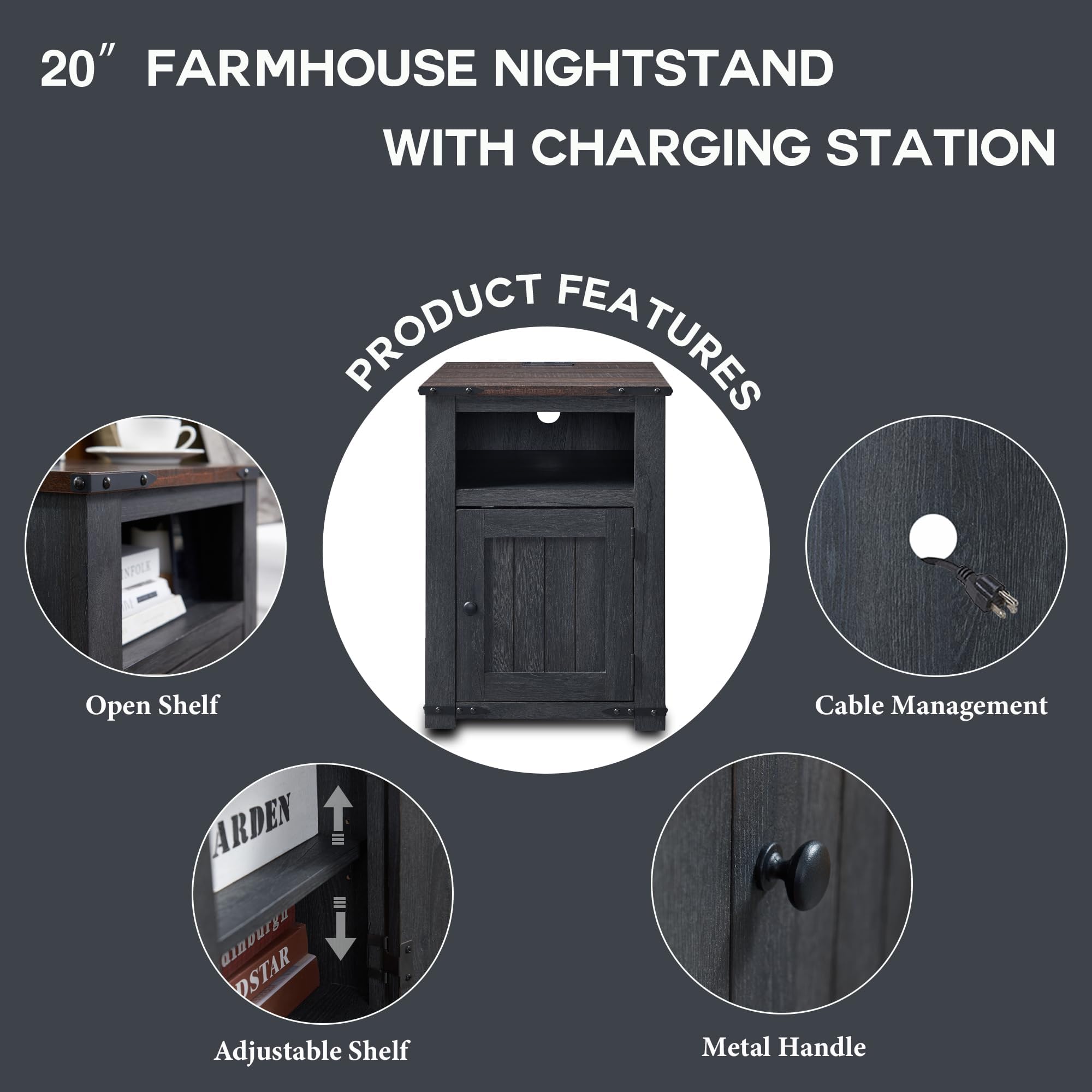 Farmhouse End Table with Charging Station, 20" Nightstand w/Groove Barn Door