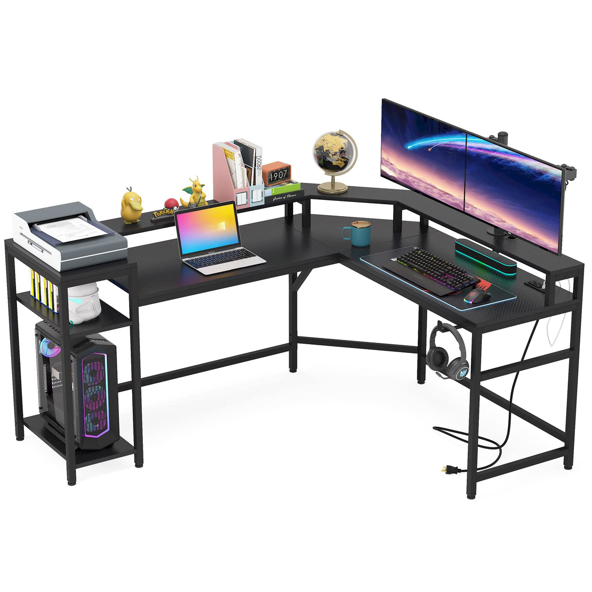 L-Shaped Gaming Desk with Power Outlets & LED Strips, L-Shaped Computer Desk