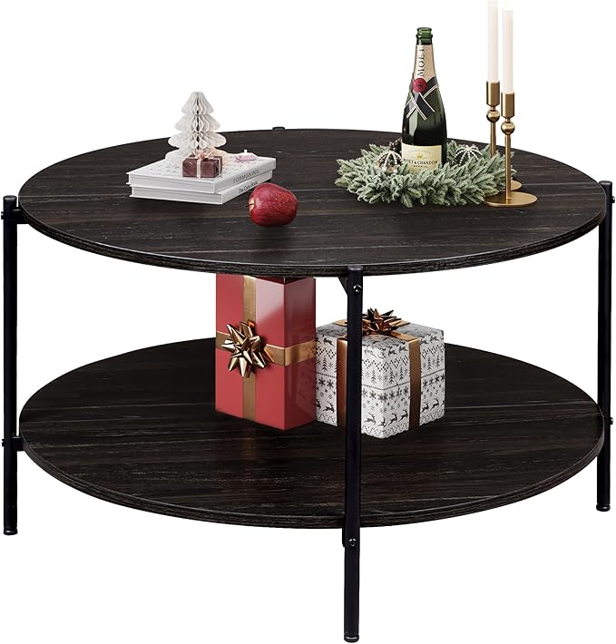 Round Coffee Table, 32.6" Small Coffee Table with Open Storage Shelf