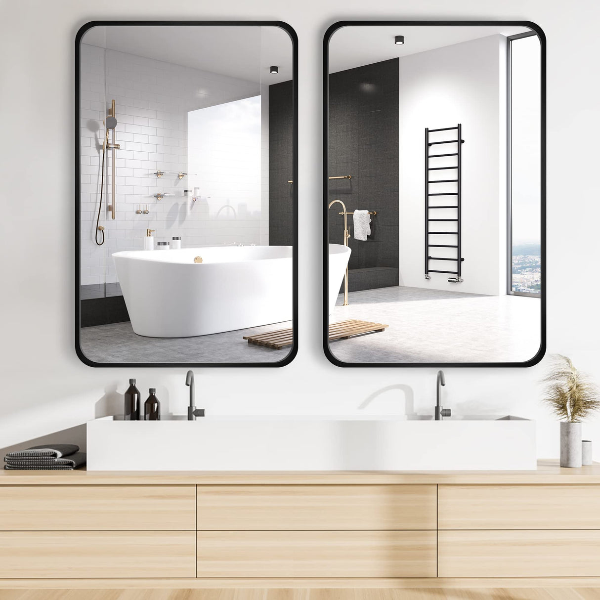 16x24 inch Black Bathroom Rectangle Mirror for Wall Decor Metal Frame Round Corner Matte Rectangular