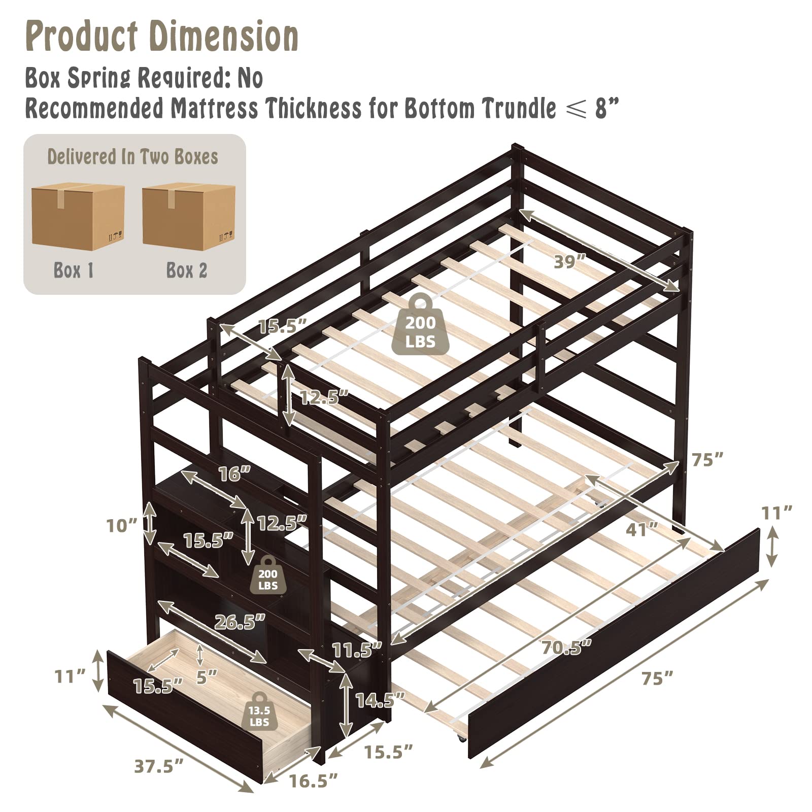 KOMFOTT Twin Over Twin Bunk Bed with Trundle & Storage Stairs, Wooden Bunk Bed Frame with Storage Shelves & Drawer, Trundle Bunk Bed Frame with Guardrails, No Spring Box Required (Espresso)