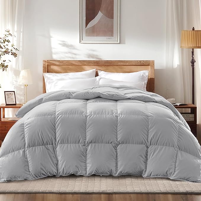 Queen Size Goose Feather Down Comforter – Ultra-Soft 100% Cotton Cover, Moisture