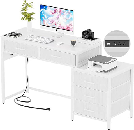 Unikito Reversible Computer Desk with 5 Drawers, Sturdy Office Desk with Power Outlets and USB Ports, Corner Writing Table with File Cabinet & Printer Stand, Vanity Desk with Storage, Black