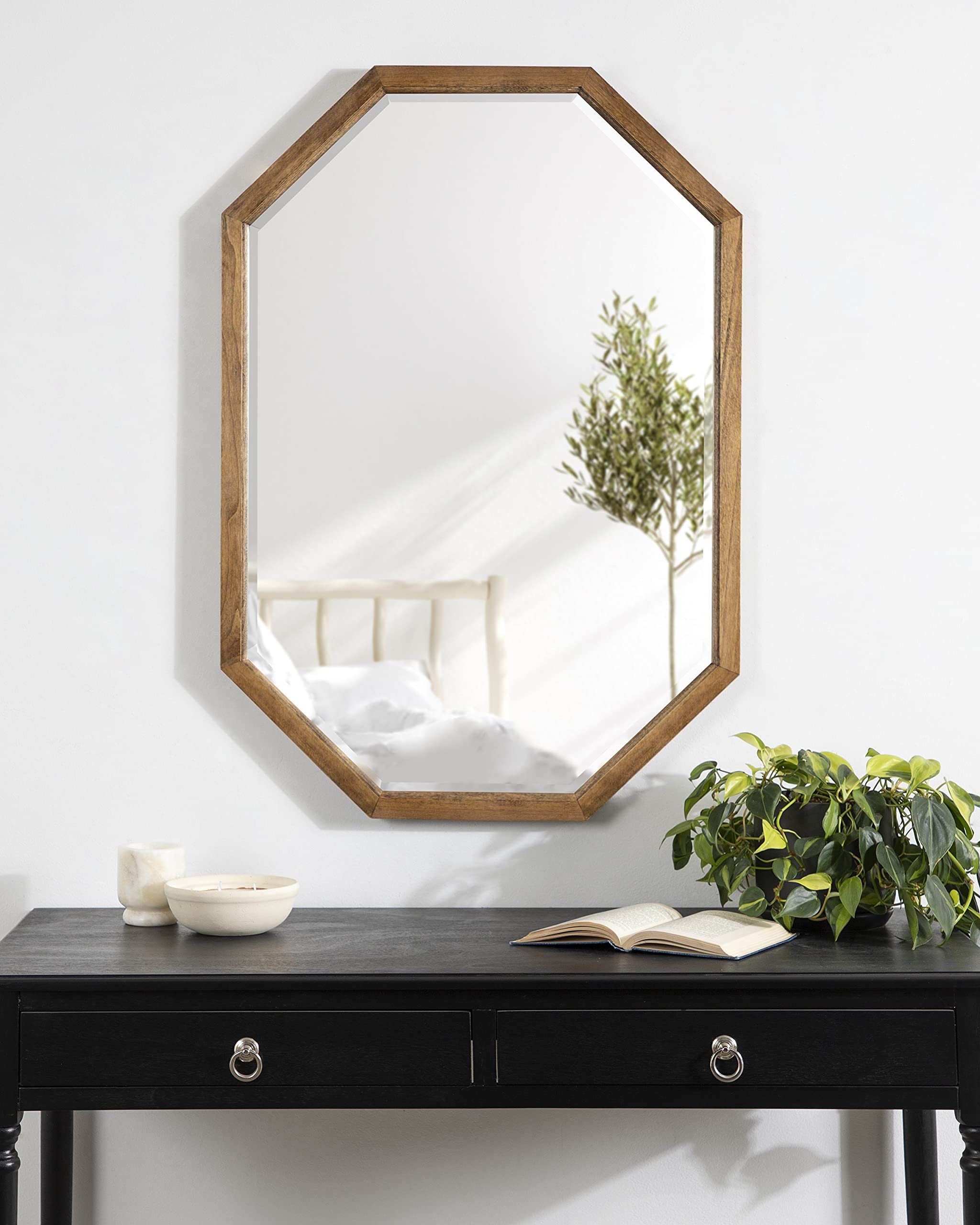 Hogan Farmhouse Octagon Wood Wall Mirror, 24 x 36, Rustic Brown