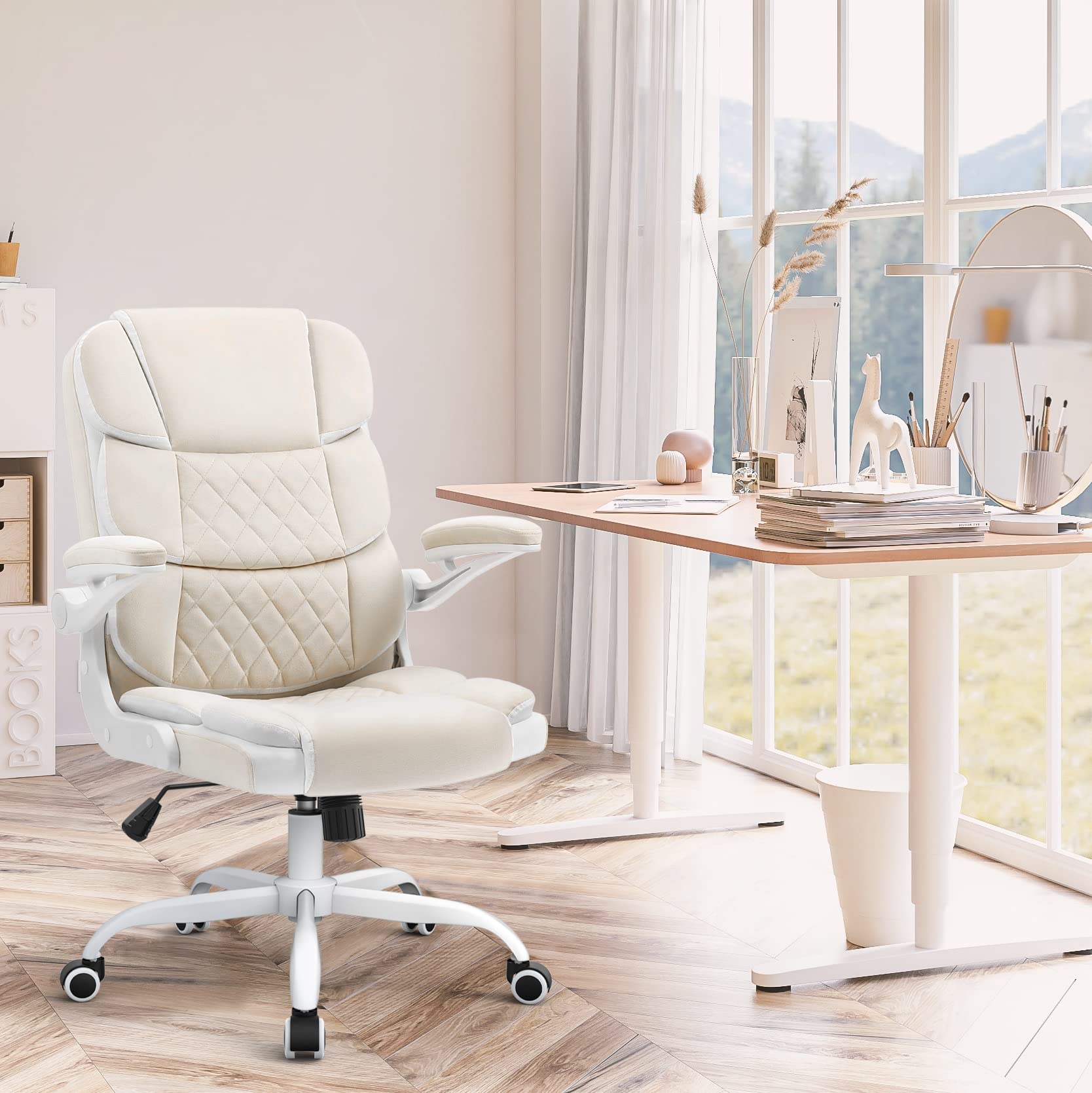 Home Office Desk Chairs with Wheels and Flip-up Armrests,Velvet Fabric Executive Office Chair Comfortable Ergonomic Computer Chairs for Adults and Teens,Beige