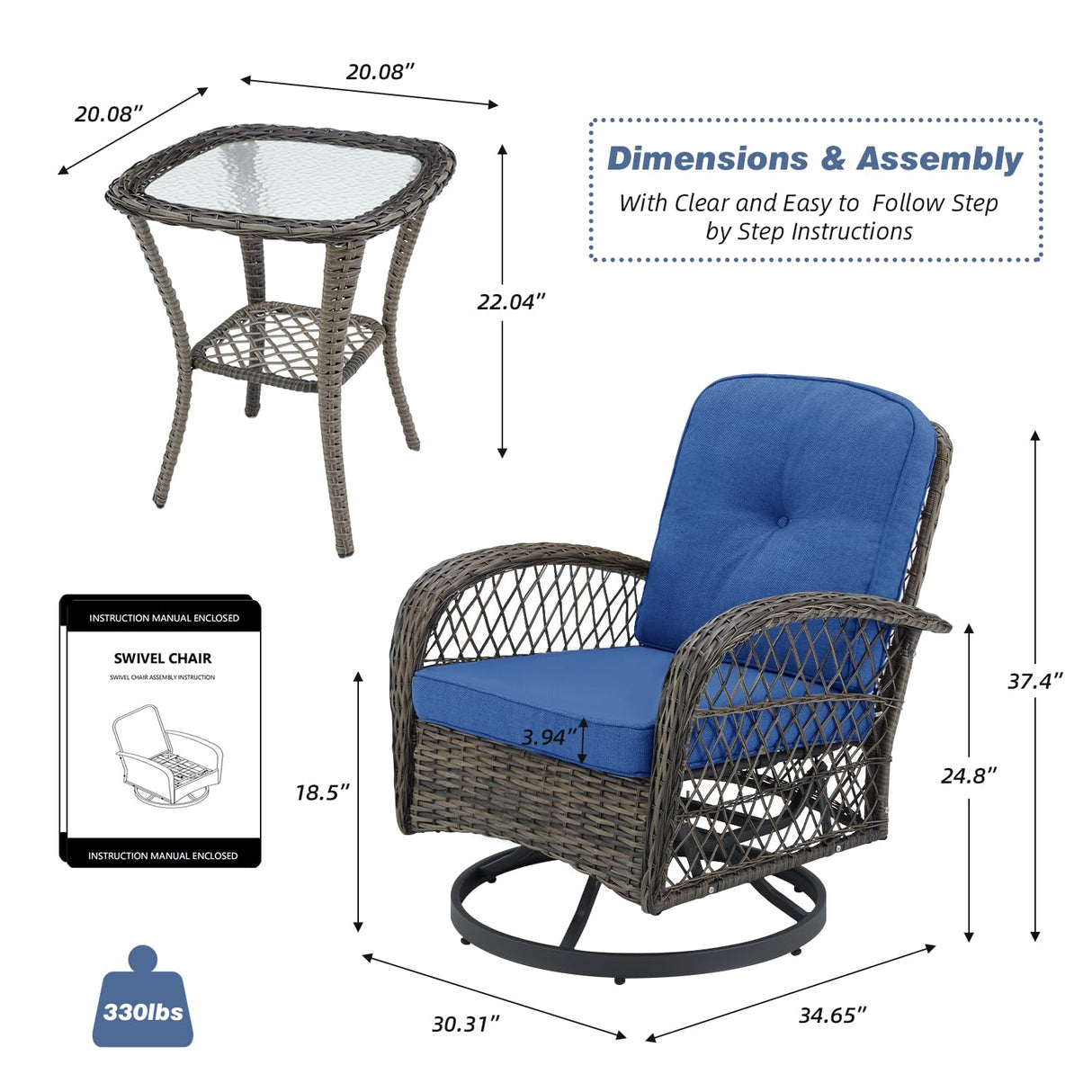 3 Pieces Outdoor Swivel Rocker Patio Chairs